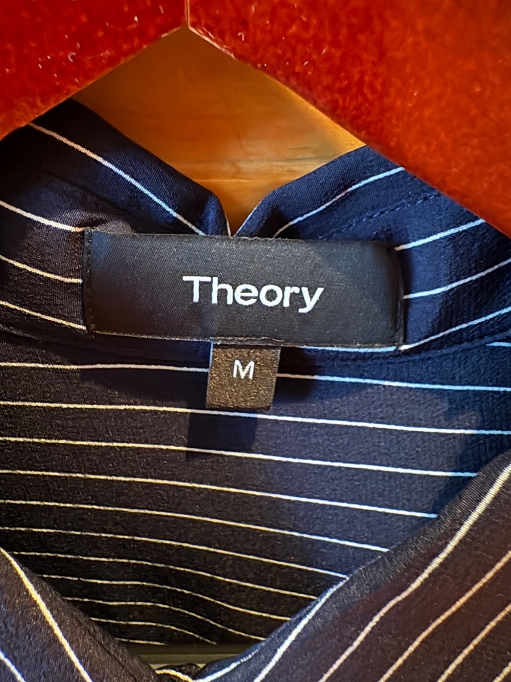 Theory 100% Silk Pinstripe Tie Cuff ShirtNavy Blue Shirt Size Med Long Sleeve - Picture 3 of 10